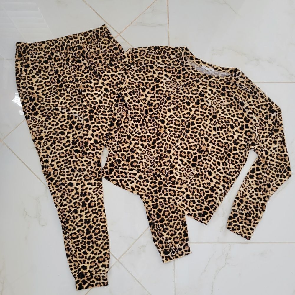 Socialite Leopard Animal Print Track Sweat Suit Top S Pants M